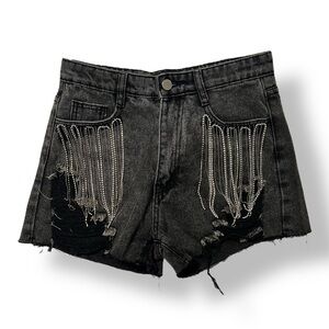 Edgy Black Denim Blue B Collection Rhinestone Fringe Distressed Shorts